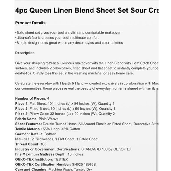 Hearth & Hand Linen Blend Sour Cream Queen Bed Sheet Set - Picture 4 of 4